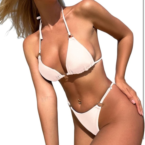 NWT Bikini Spaghetti Strap Swimsuit in White w/Triangle Bottom, Size L - Picture 1 of 9
